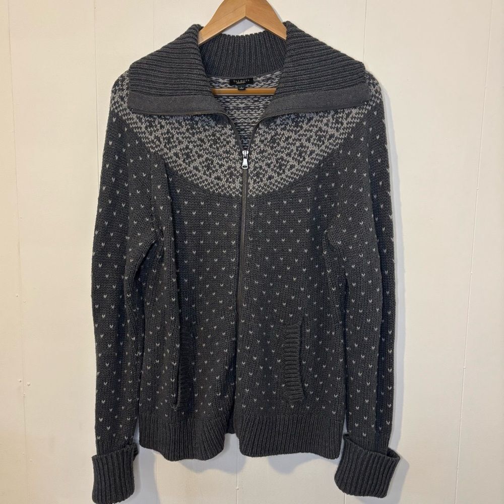Talbots Gray Thick Knit Full Zip Sweater Wool Cotton Fair Isle - Size Large